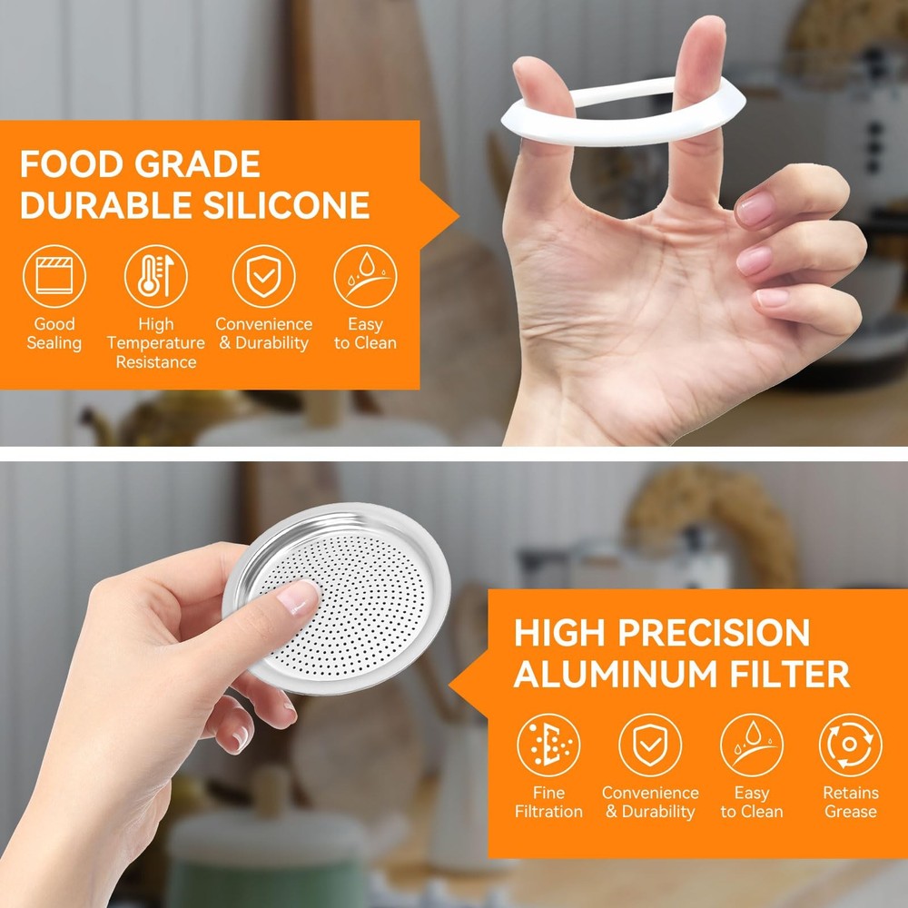 Moka Pot Replacement Gasket and Filter, 6 + 2 Filter 3/4cup, White