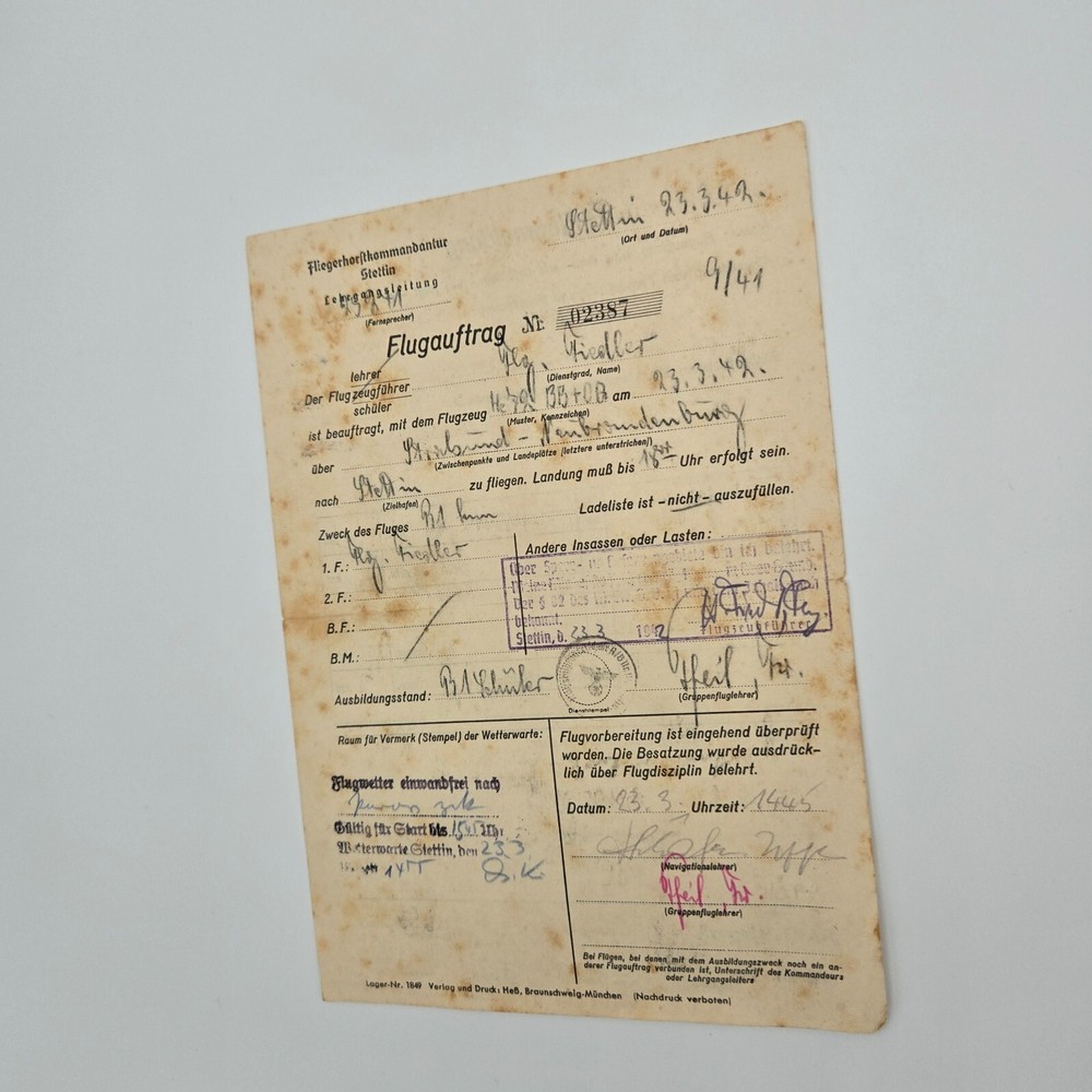 Original WW2 WWII German Luftwaffe pilot flight plan document airport aircraft