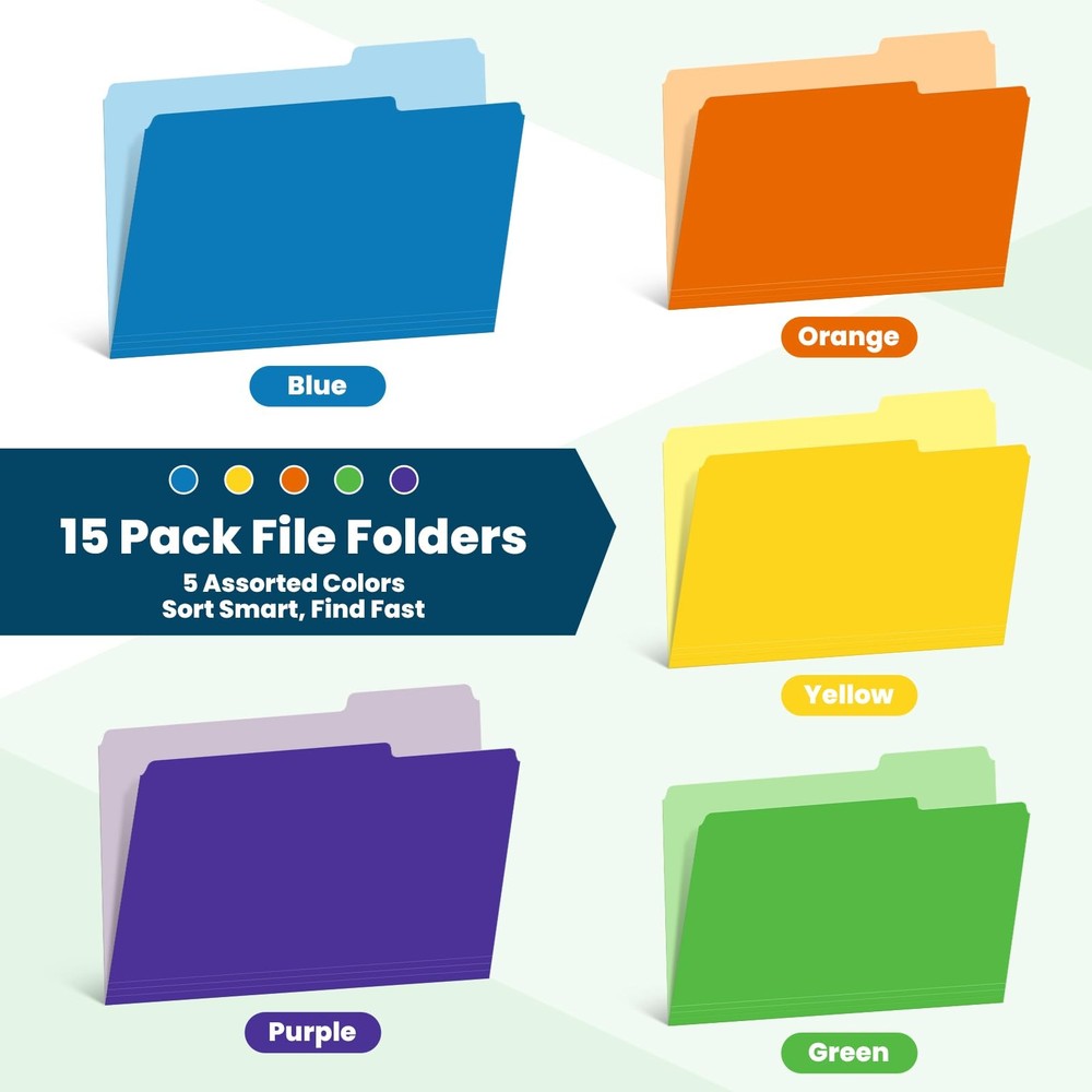 Two-Tone Color File Folders, 15 Pack Letter Size Folders with 5 Assorted Colo...