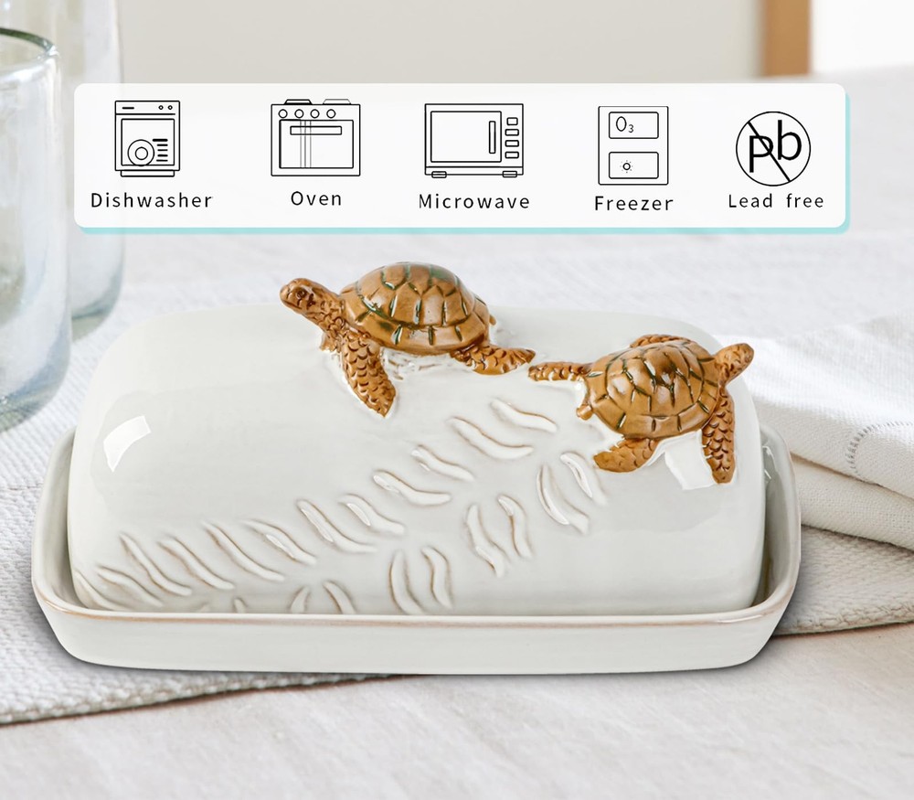 Turtle Stylish Ceramic Butter Dish Covered with Lid and Handle - Modern Count...