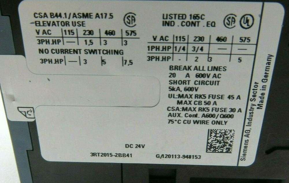 Siemens 3RT20152BB41 Sirius Contactor