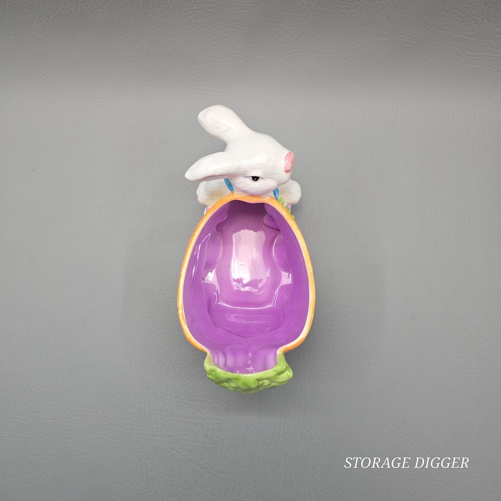 Vintage Decorative Ceramic Easter White Bunny with Carrot Candy Dish 5" Tall