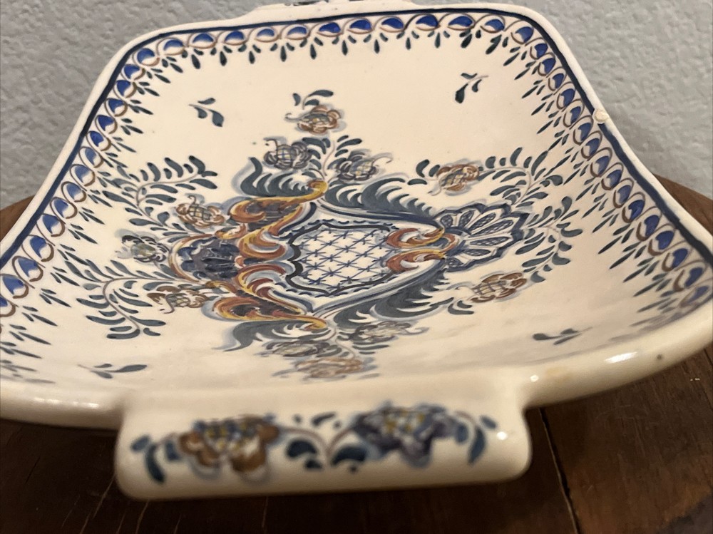 Portuguese Ceramic Rectangle Serving Dish Handmade Blue Brown Green Small Chips