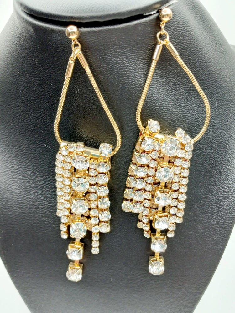 Rhinestone Statement Dangle Earrings Goldtone Posts Layered