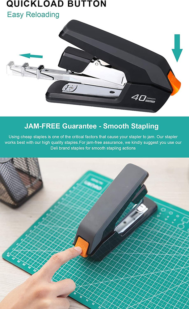 Deli Effortless Desktop Stapler, 40 Sheet Capacity, One Finger Touch Stapling, E