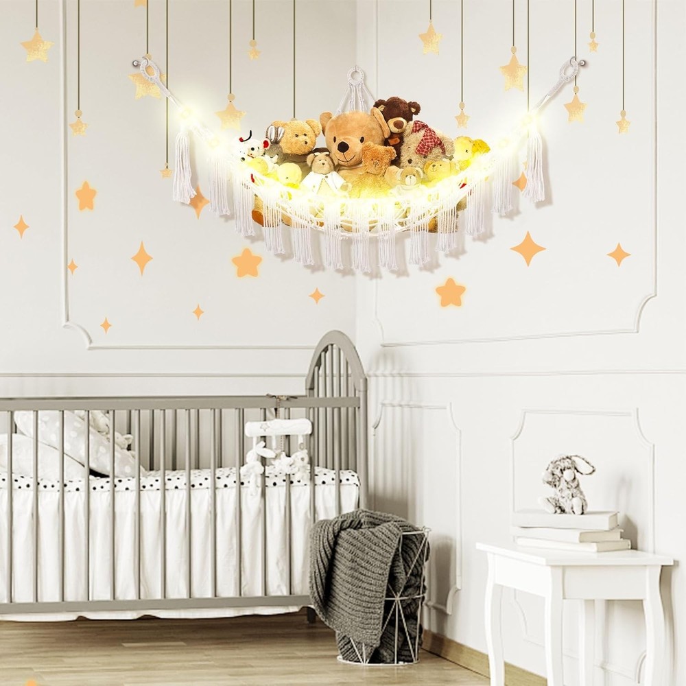 Jumbo White Stuffed Animal Hammock with LED Light – Chic Corner Storage Solution