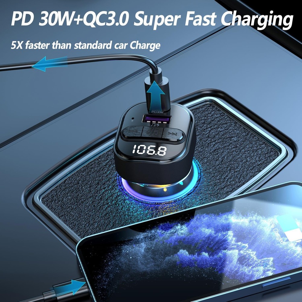 Bluetooth 5.3 FM Transmitter for Car, Car Adapter with Type-C Black