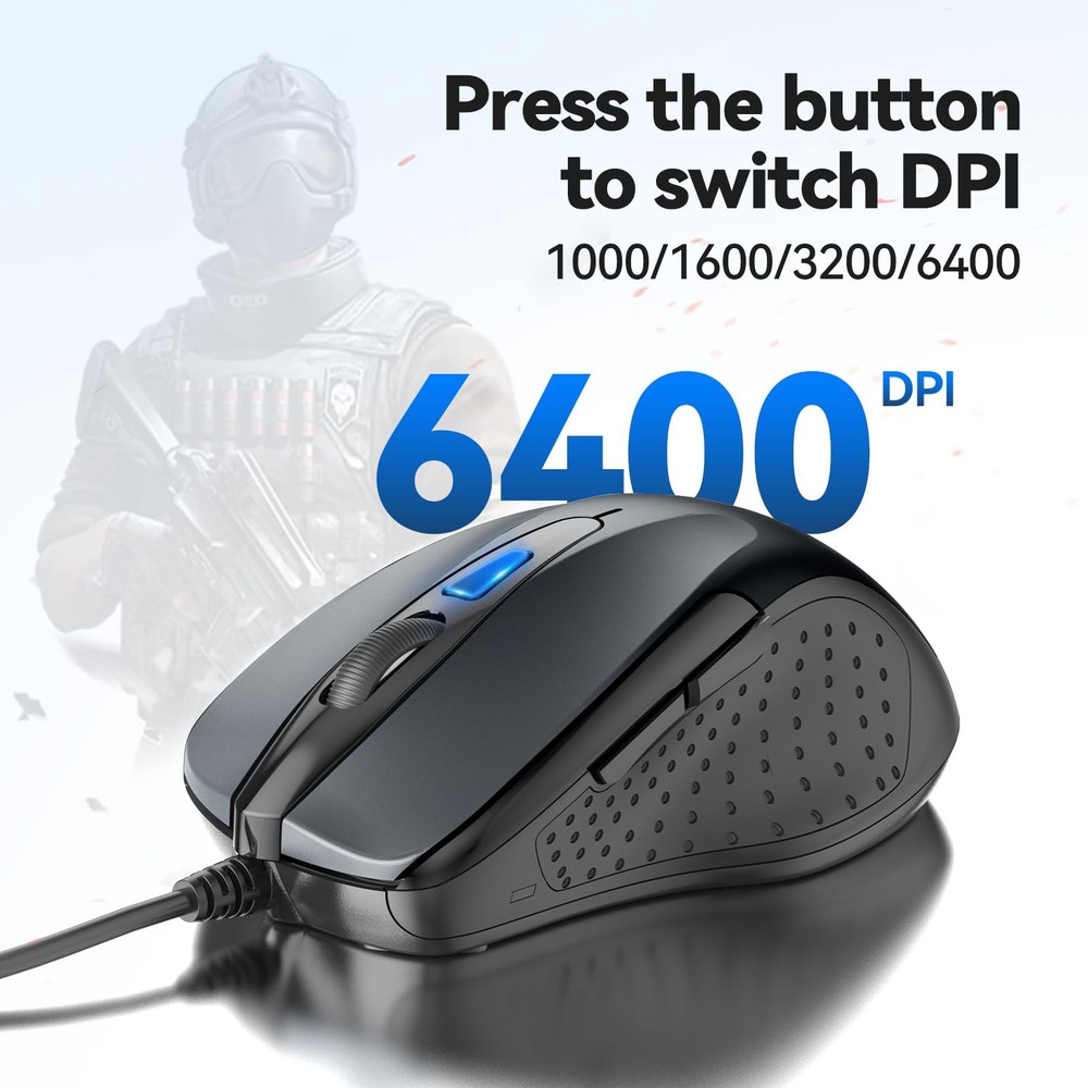 USB Wired Mouse, 6-Button Corded Computer Mouse with 4 Adjustable DPI, Optica...