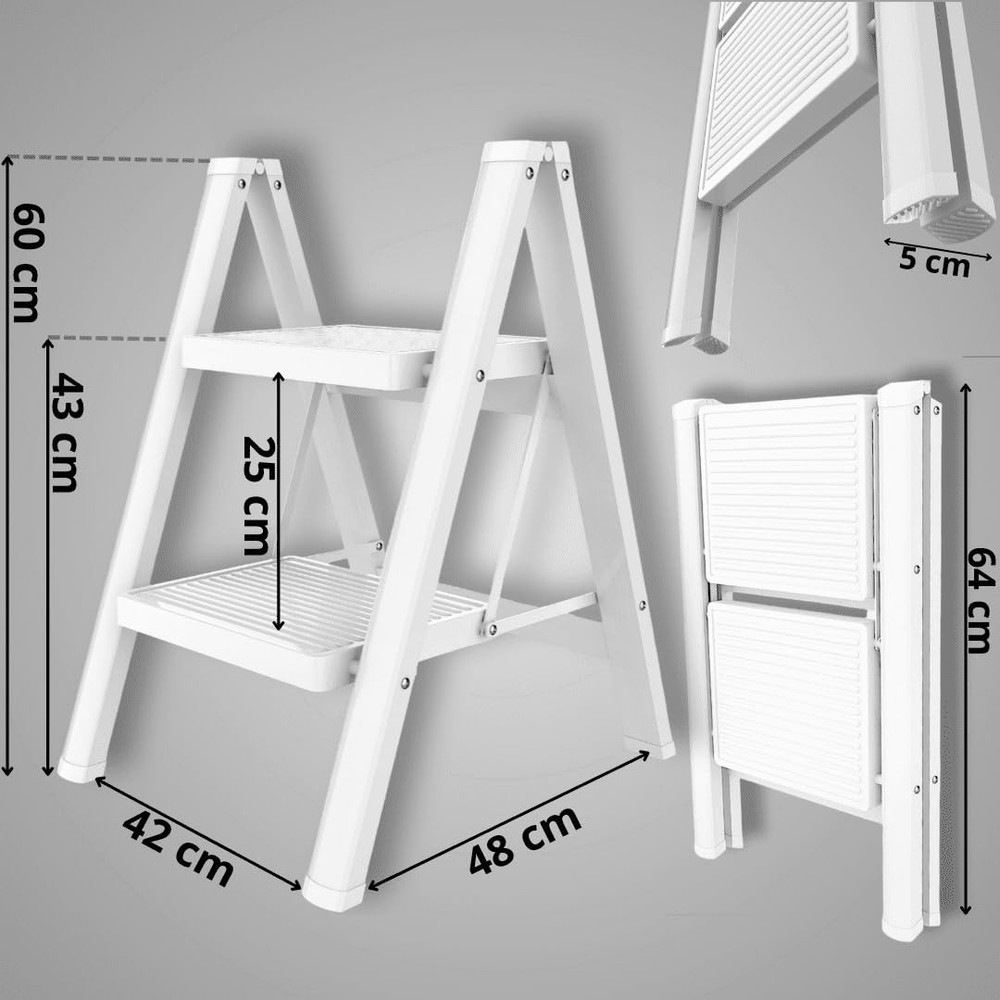 2 Step Folding Ladder Aluminum | White Standing Ladders Foldable - Two Step L...