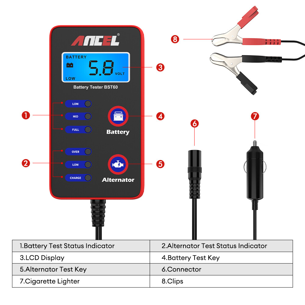 ANCEL BST60 12V Car Battery Tester Digital Analyzer Alternator Charging Tool