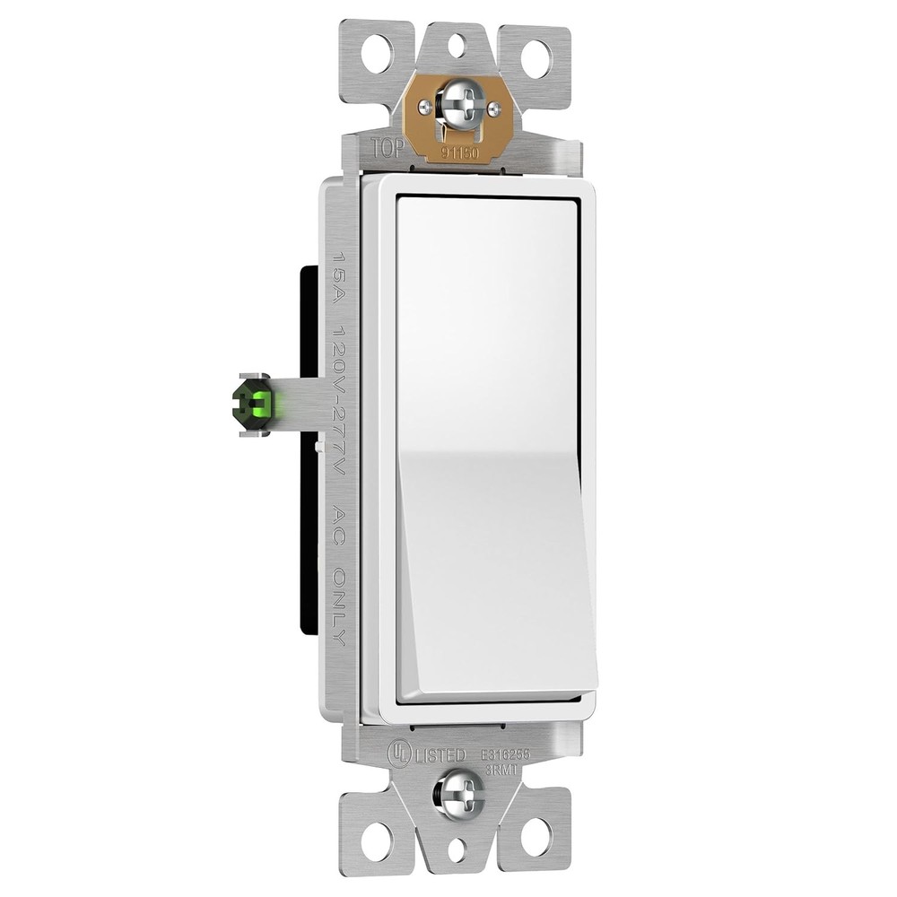 Decorator Paddle Rocker Light Switch, Gloss Finish, Single Pole, 3 Wire