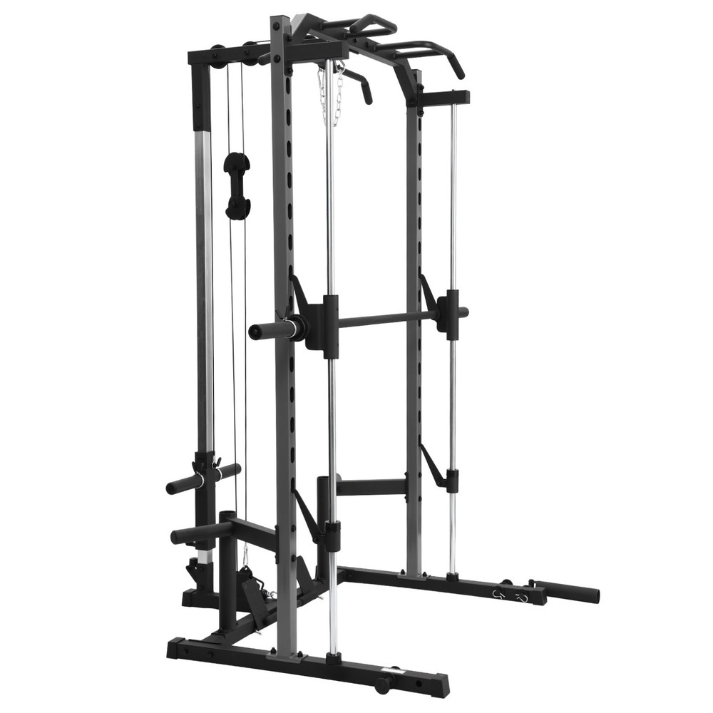 Smith Machine, Multifunctional Power Cage Rack with Barbell Bar and Cable Row US