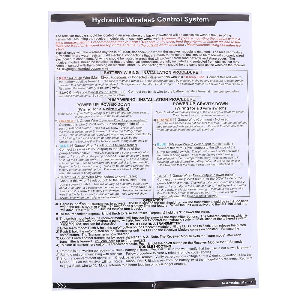 NEW Dump Trailer Wireless Remote Control System 12 volt Hydraulic Lift Winch