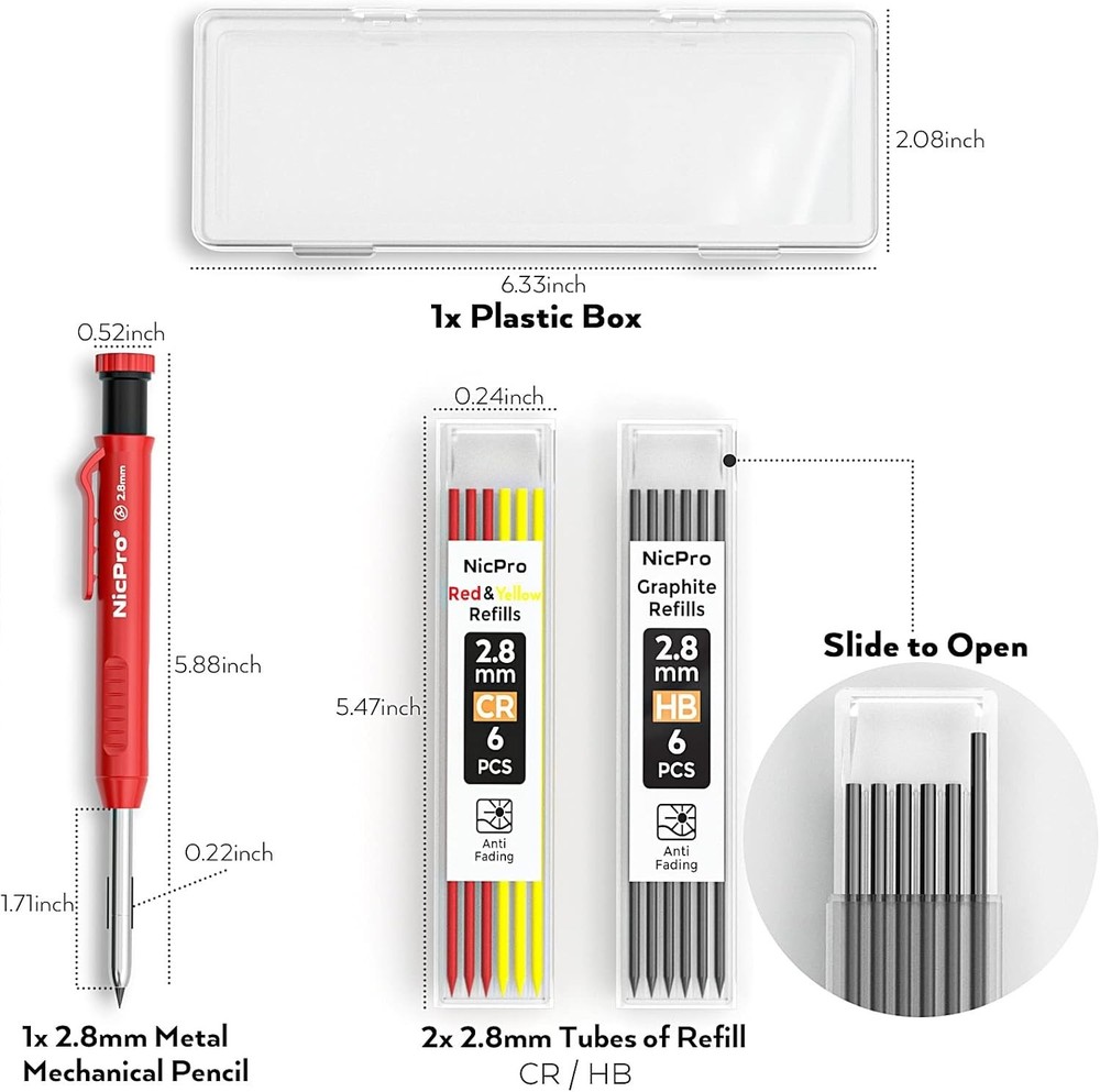 2.8 mm Ergonomic Mechanical Carpenter Pencil with Built-in Sharpener & Refills