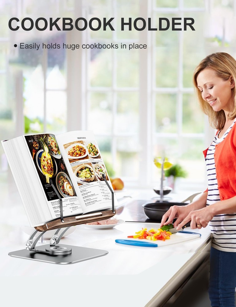 Book Stand for Reading Adjustable Book Holder with 360° Swivel Base Foldable ...