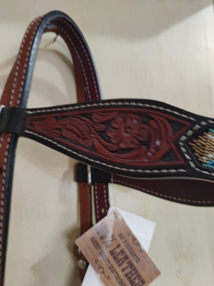 NWT Browband Headstall with Tooling and Inlaid Bead work
