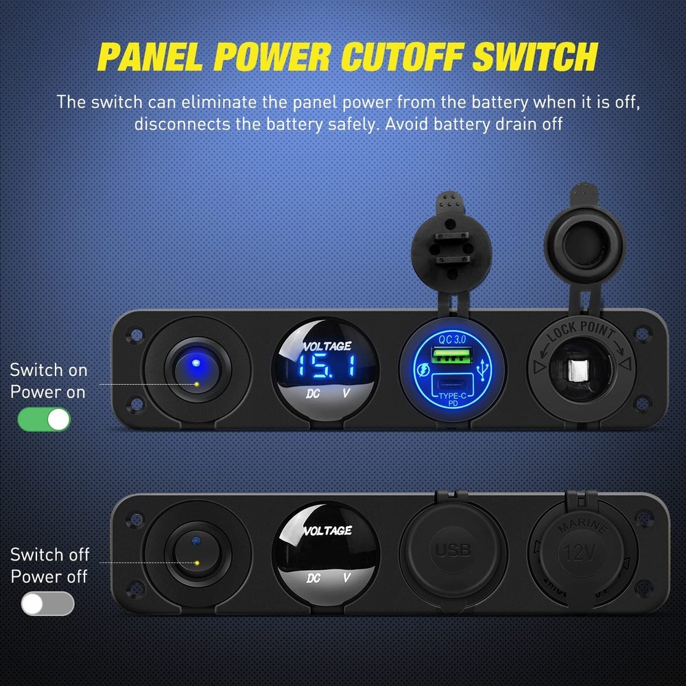 Nilight 4 in 1 ON/Off Charger Socket Panel PD Type C and QC 3.0 USB Socket Power
