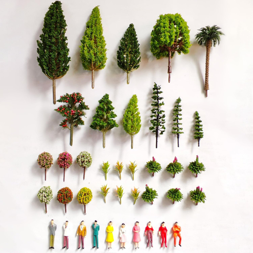 Model Scenery Kit, 47Pcs, Painted Figures, Model Train Scenery, Miniature Trees,