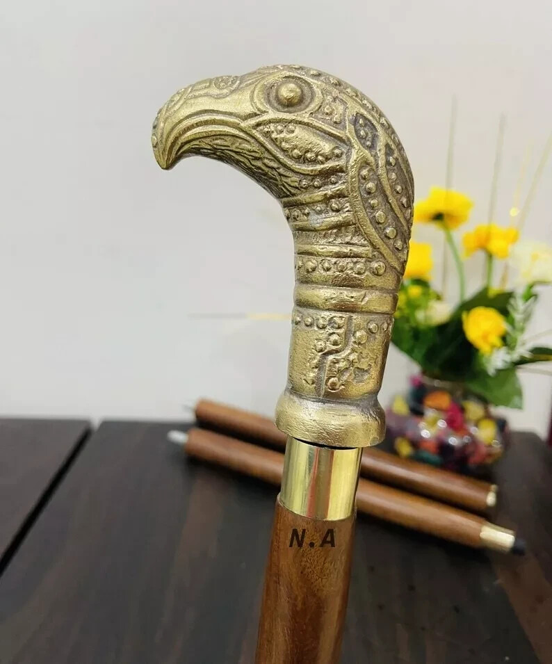 Brass Solid Vintage Designer Eagle head Wooden Walking Stick Cane Antique Gift