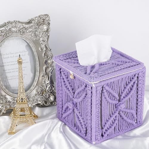 Macrame Tissue Box Cover Floral Pattern - Purple Decorative Square Braided