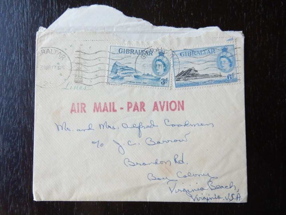 1955 Envelope Postmark Gibraltar with two different Gibraltar stamps