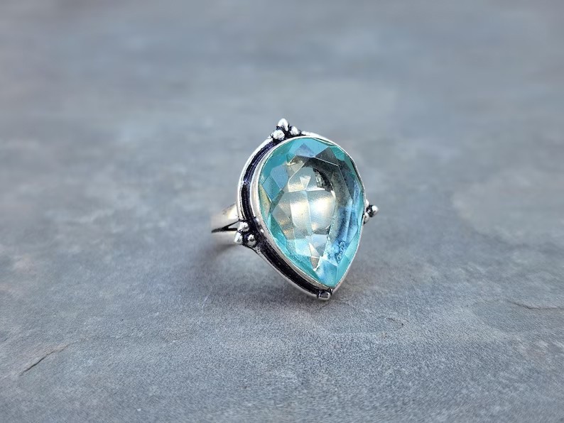 Solid 925 Sterling Silver Aquamarine Pear Gemstone Statement Handmade Women Ring