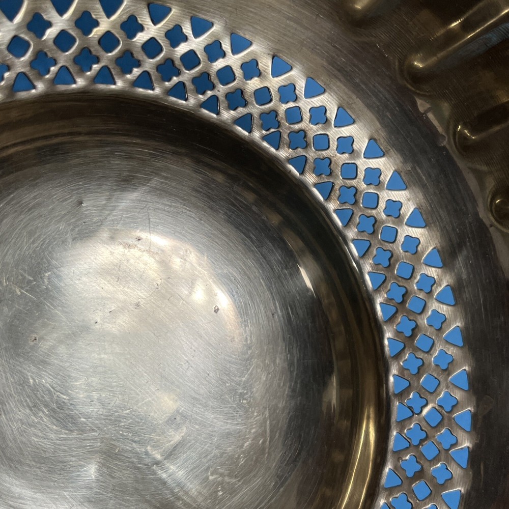 Brass Basket W/Handle Pedestal Reticulated 7” Diameter X 4.5” Solid Brass