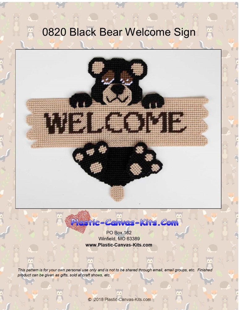 Black Bear Welcome Sign- Plastic Canvas Pattern or Kit