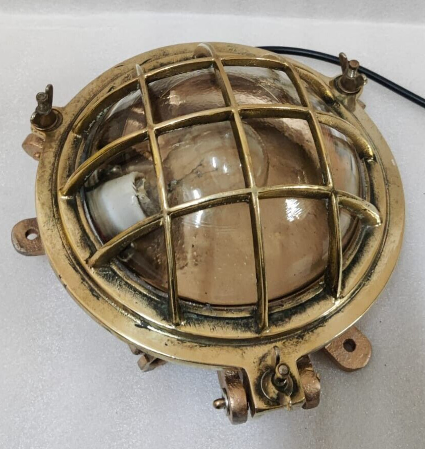 Vintage original Brass Cage&Iron Base Bulkhead passageway Light 2PC.