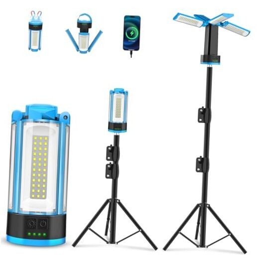 Rechargeable Work Light with Stand, 6000K Camping Light with 4 LED Lamp Blue