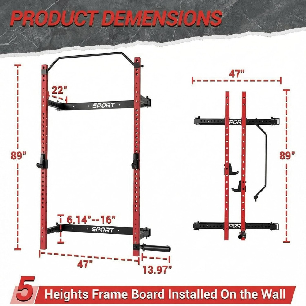 1000LBS Capacity Folding Wall-Mounted Squat Rack W/ Pull-Up Bar J-Hooks&Landmine