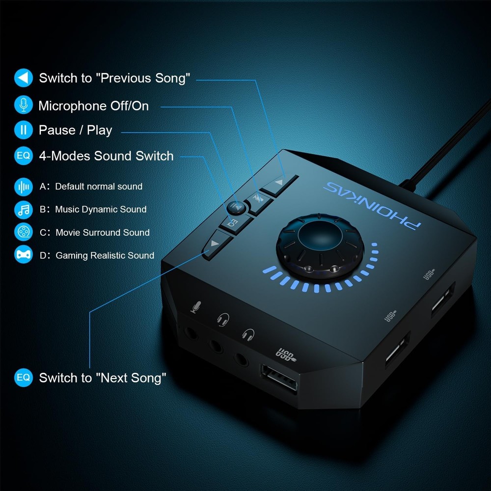 T10 External Sound Card, PHOINIKAS USB Audio Adapter for PC Windows, Mac, Linux,