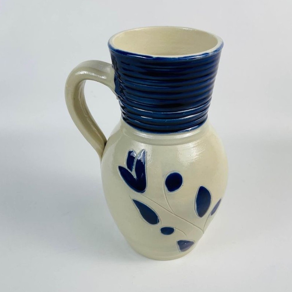 Salt Glazed Pottery Pitcher Blue Floral Leaf Handle No Spout 7”