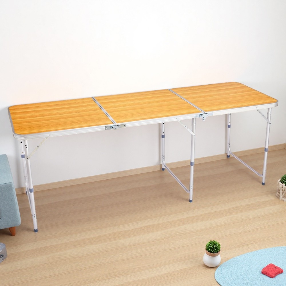 Folding Camping Table 6ft - Adjustable Height, Aluminum & Wood Grain Patio Table