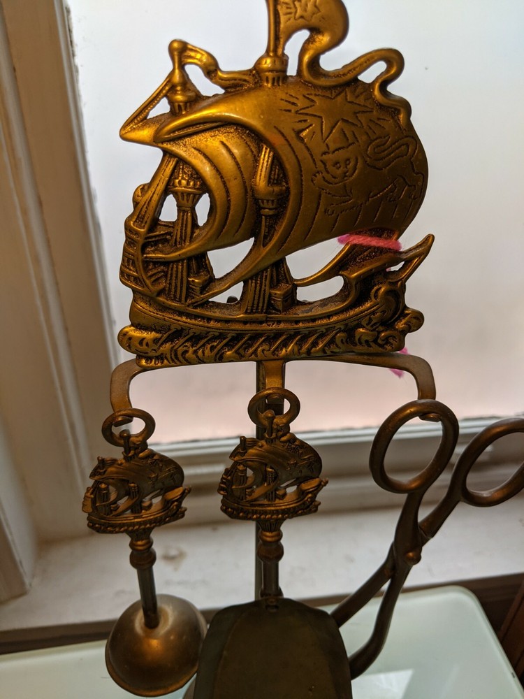 Antique British Brass Fireplace Set 4pc. Nautical Theme Clipper Ship