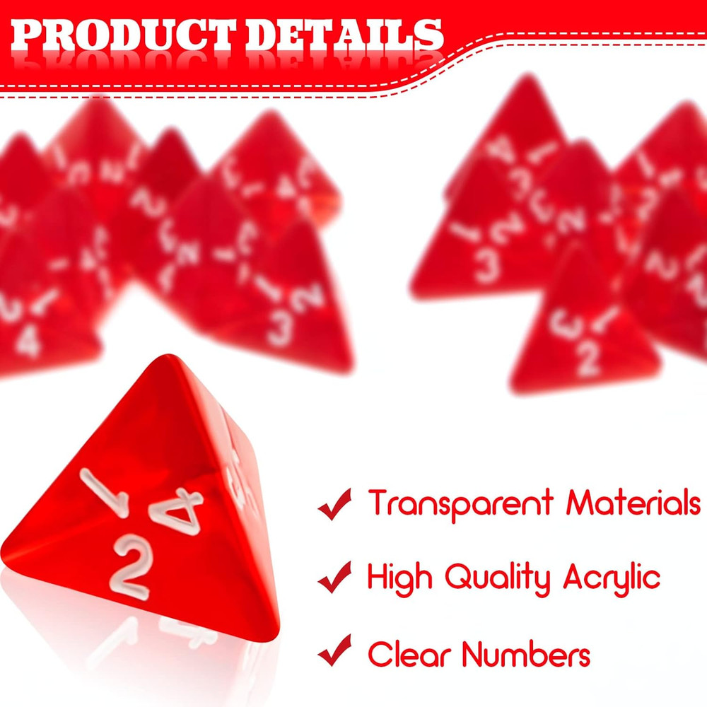 72 Pcs Red Four Sided D4 Dice 20 mm Bulk Cone Transparent Red Dice Polyhedral...