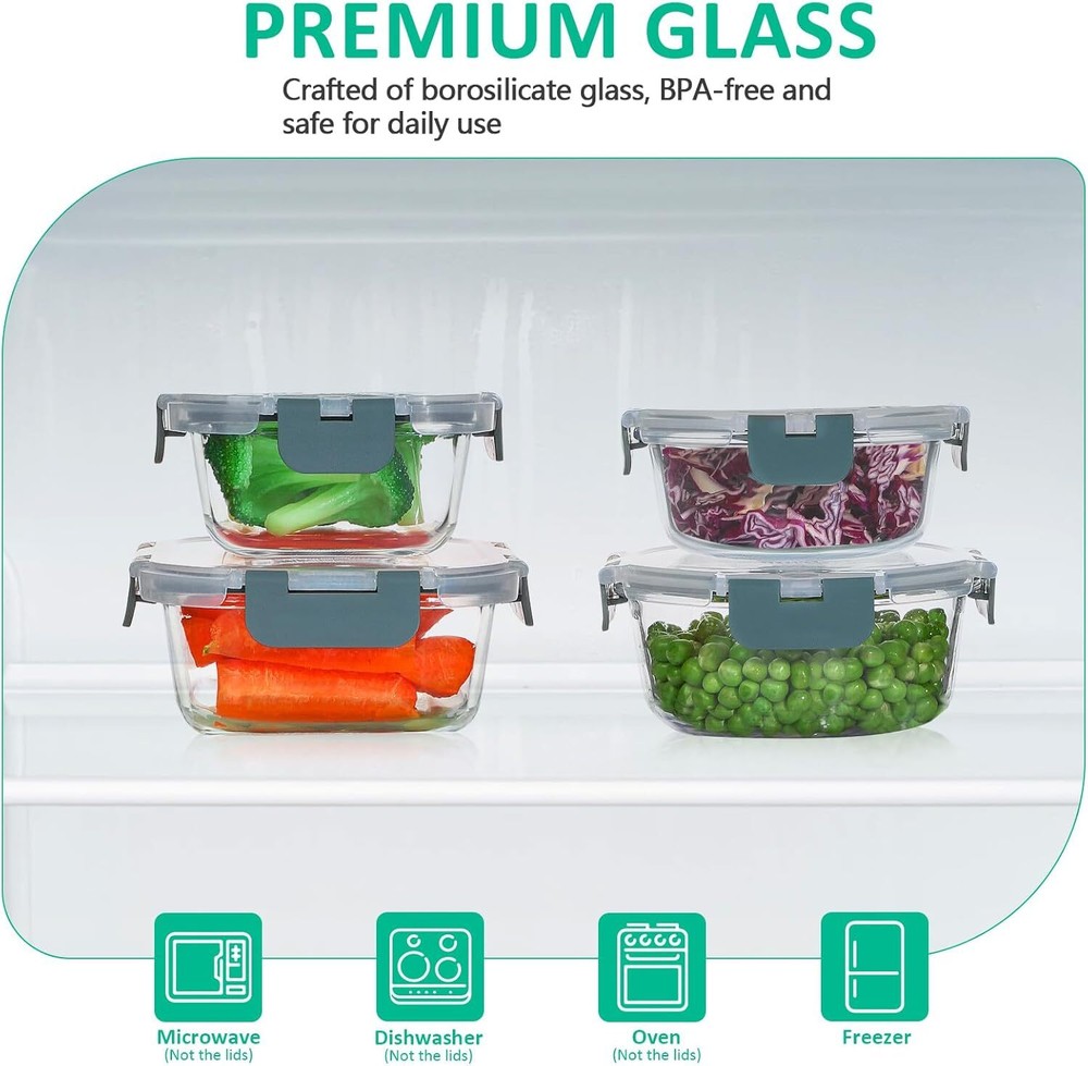 24-Piece Glass Food Storage Container Set, Meal Prep Containers - Stackable,Gray