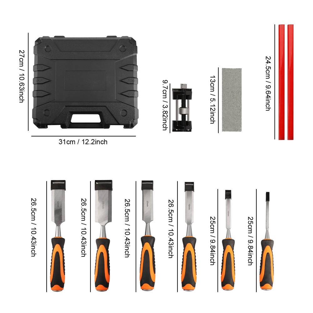 Wood Chisel Set (10pcs) with Rubber Handles & Carry Case - Pro-Grade