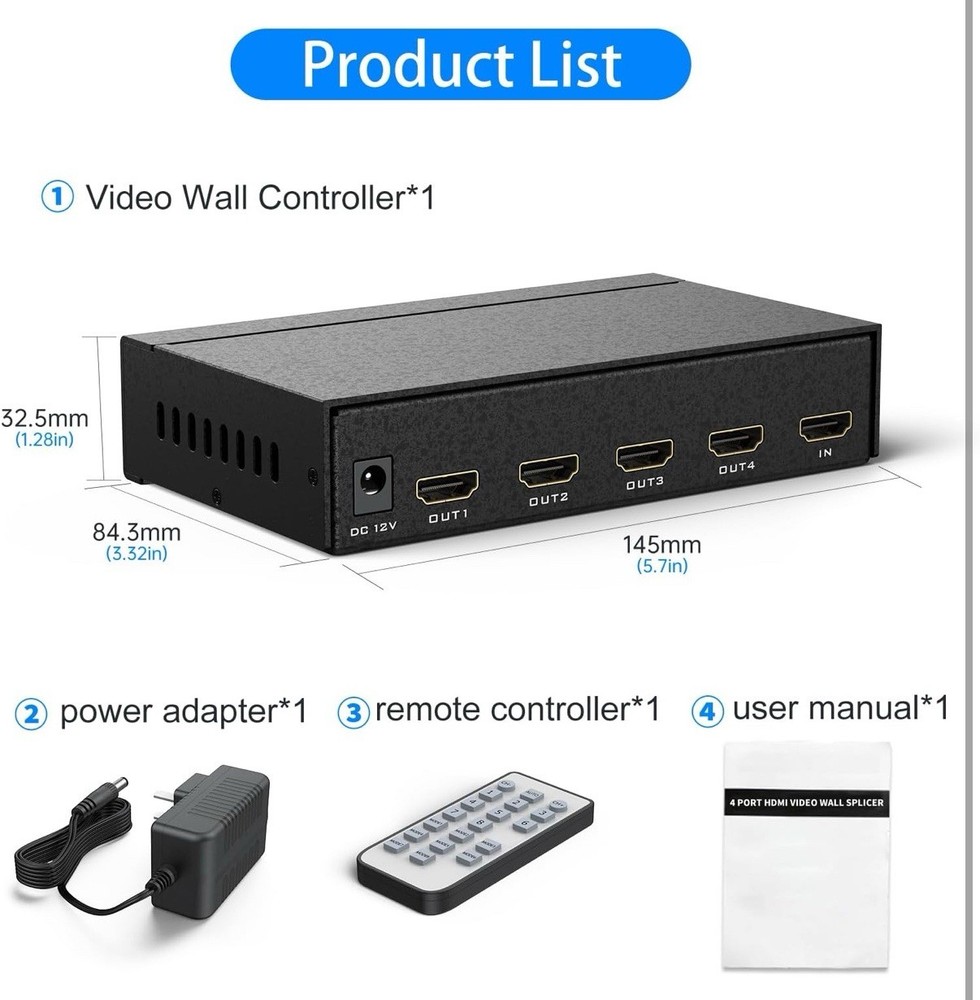 Yinker HDMI Video Wall Controller 2x2 With IR Remote 4K Input 1080p 8 Splicer