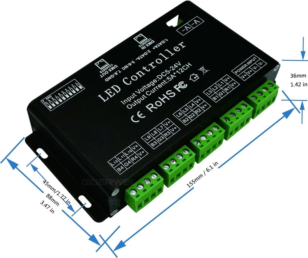 60A PWM Dimmer Driver - RGB 12 Channel DMX Decoder for Versatile Lighting