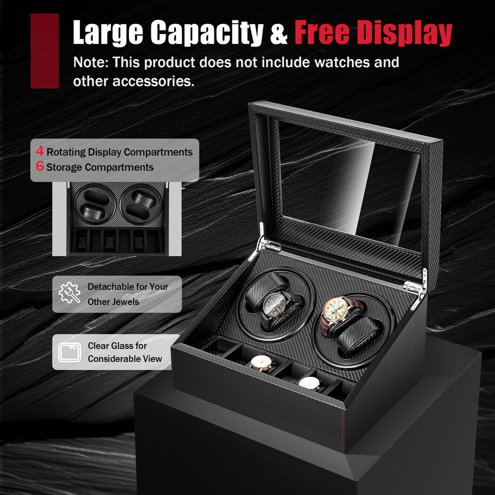 10 Slots Watch Winder Automatic Rotation MDF + PU Display Storage Box Black