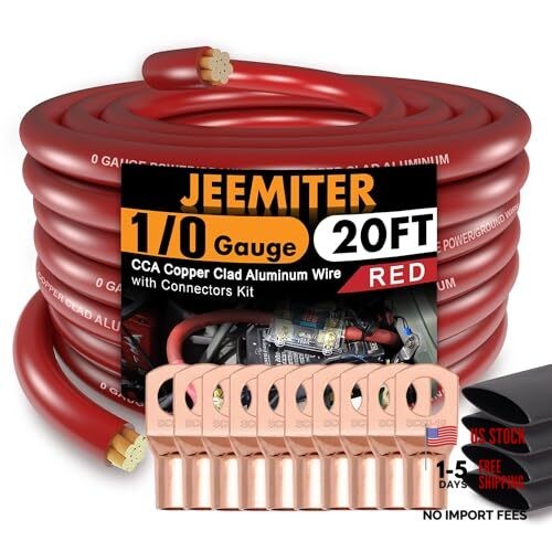 1/0 Gauge Red CCA Wire (20ft Single Roll) - Replacement Power Cable 20FT Red