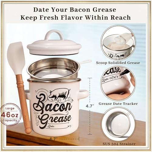 Bacon Grease Container with Strainer - 46OZ Large Capacity, With 46oz White