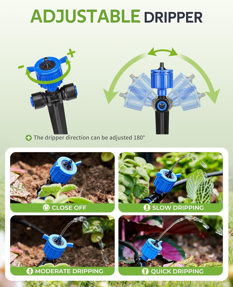 100FT Pressure Compensated Drip Irrigation System with Timer, No-Leak Quick Conn