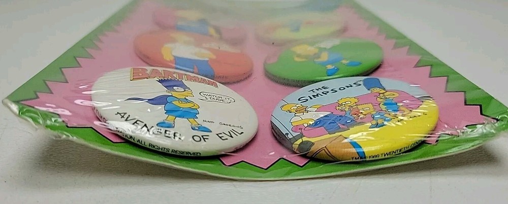 SIMPSONS 6 BUTTON PIN SET 1990 HOMER BART NEW SEALED VINTAGE Button Up