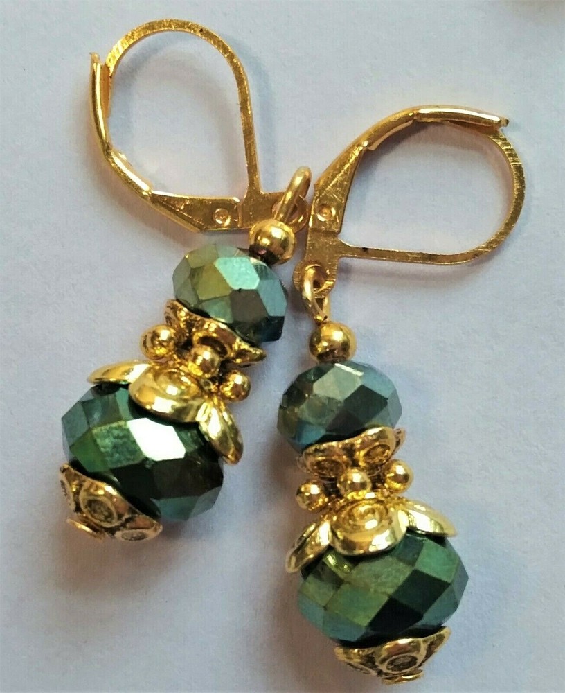 HUNTER GREEN double crystal earring GP LEVERBACK artisan