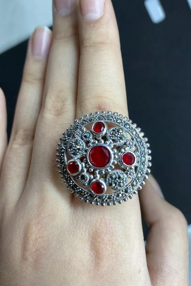 Beautiful 925 Silver Ruby-Marcasite Ring  Size 9 W 13.2 Gr.
