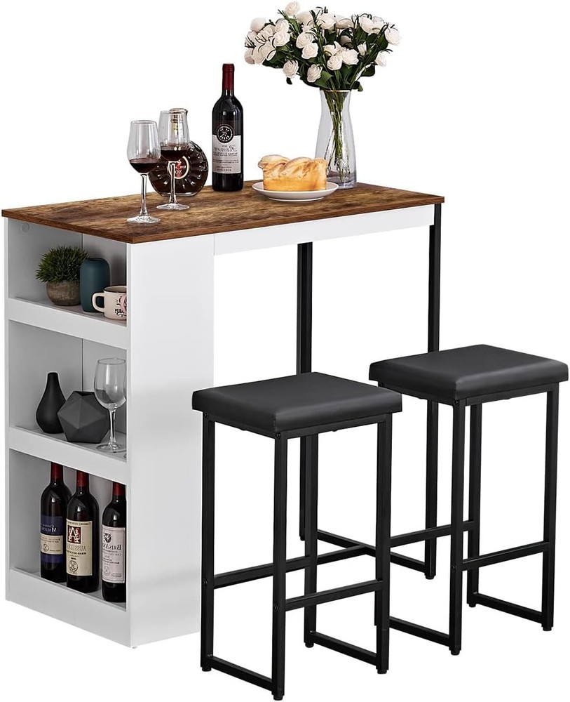 3 Piece Dining Table Set Kitchen Bar Table with Two Stool Storage Shelves Woo...