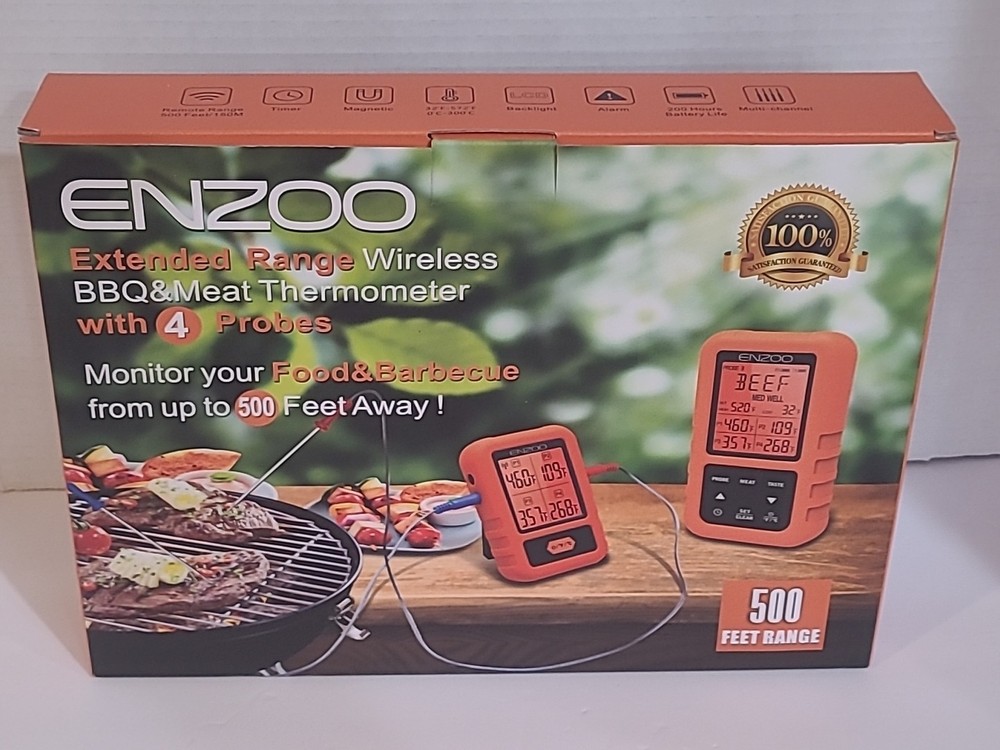 Enzoo Wireless Food Thermometer 4 Probes Black Silicone Case. New.