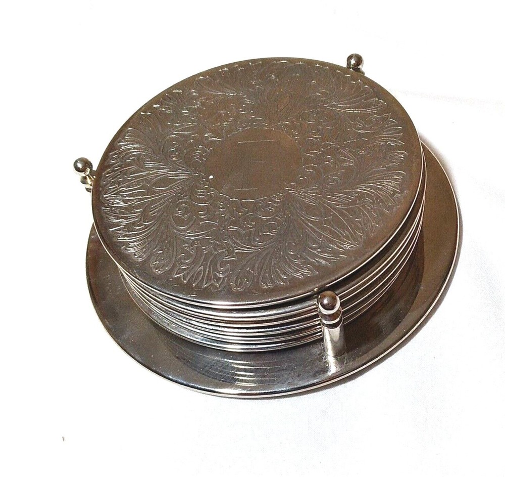 Initial F Engraved Monogram Leonard Silverplate Coasters with Holder Caddy